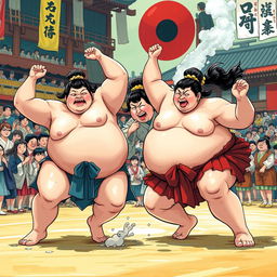 A vibrant and colorful depiction of sumo girls in action, showcasing their strength and agility