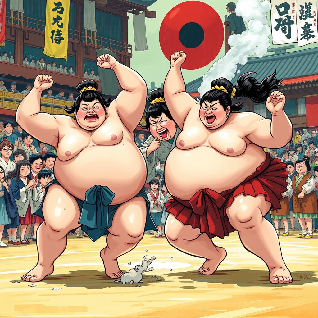 A vibrant and colorful depiction of sumo girls in action, showcasing their strength and agility