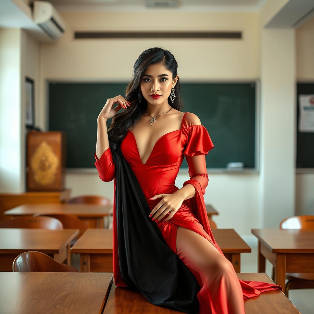 an enchanting Thai woman with an alluring figure, elegantly dressed in a muga and red mekhela chadar, featuring a tastefully open red blouse and striking high heels