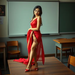 an enchanting Thai woman with an alluring figure, elegantly dressed in a muga and red mekhela chadar, featuring a tastefully open red blouse and striking high heels