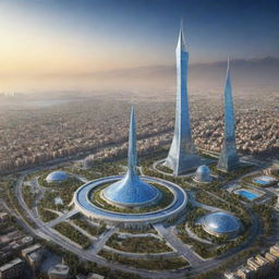 A futuristic representation of Iran in 30 years, showcasing technological advancements, flourishing landscapes and modern architecture