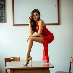 an enchanting Thai woman with an alluring figure, elegantly dressed in a muga and red mekhela chadar, featuring a tastefully open red blouse and striking high heels