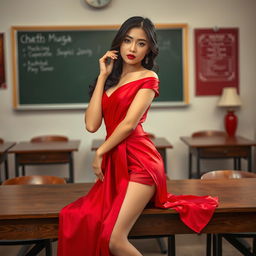 an enchanting Thai woman with an alluring figure, elegantly dressed in a muga and red mekhela chadar, featuring a tastefully open red blouse and striking high heels