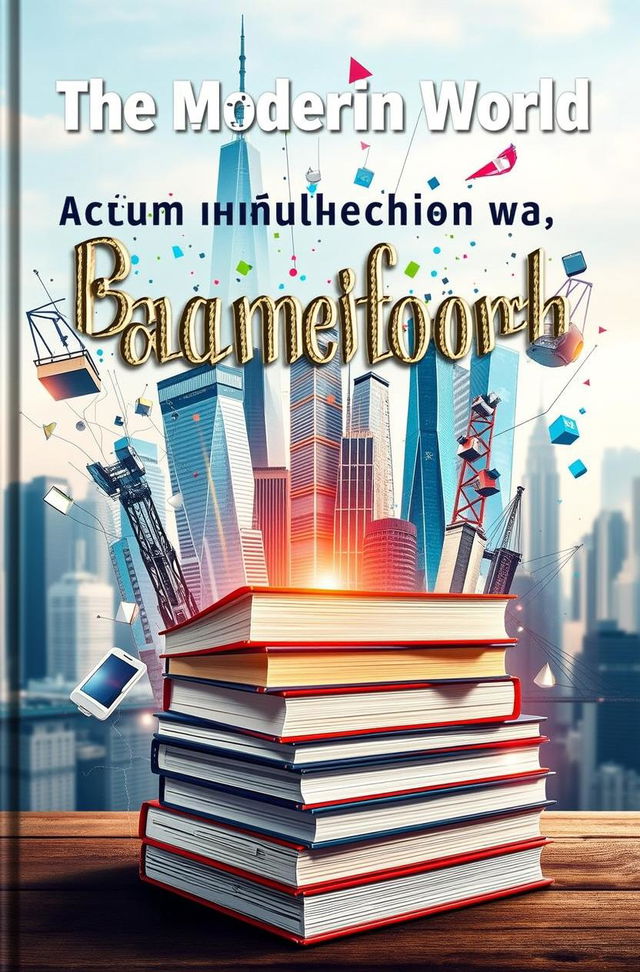 A bold book cover featuring a stack of books in the foreground, symbolizing knowledge, with dynamic illustrations of skyscrapers, technology, and abstract modern elements rising from the books