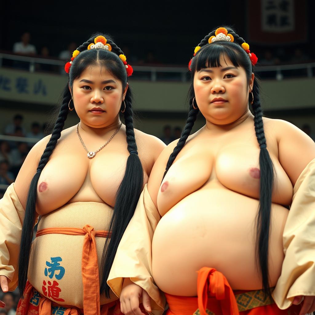 Portrait of two sumo girls with large build and powerful presence, wearing traditional sumo outfits in a sumo wrestling ring