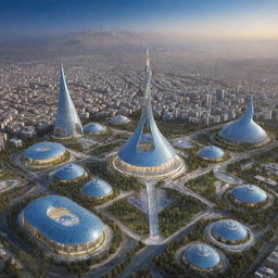 A futuristic representation of Iran in 30 years, showcasing technological advancements, flourishing landscapes and modern architecture