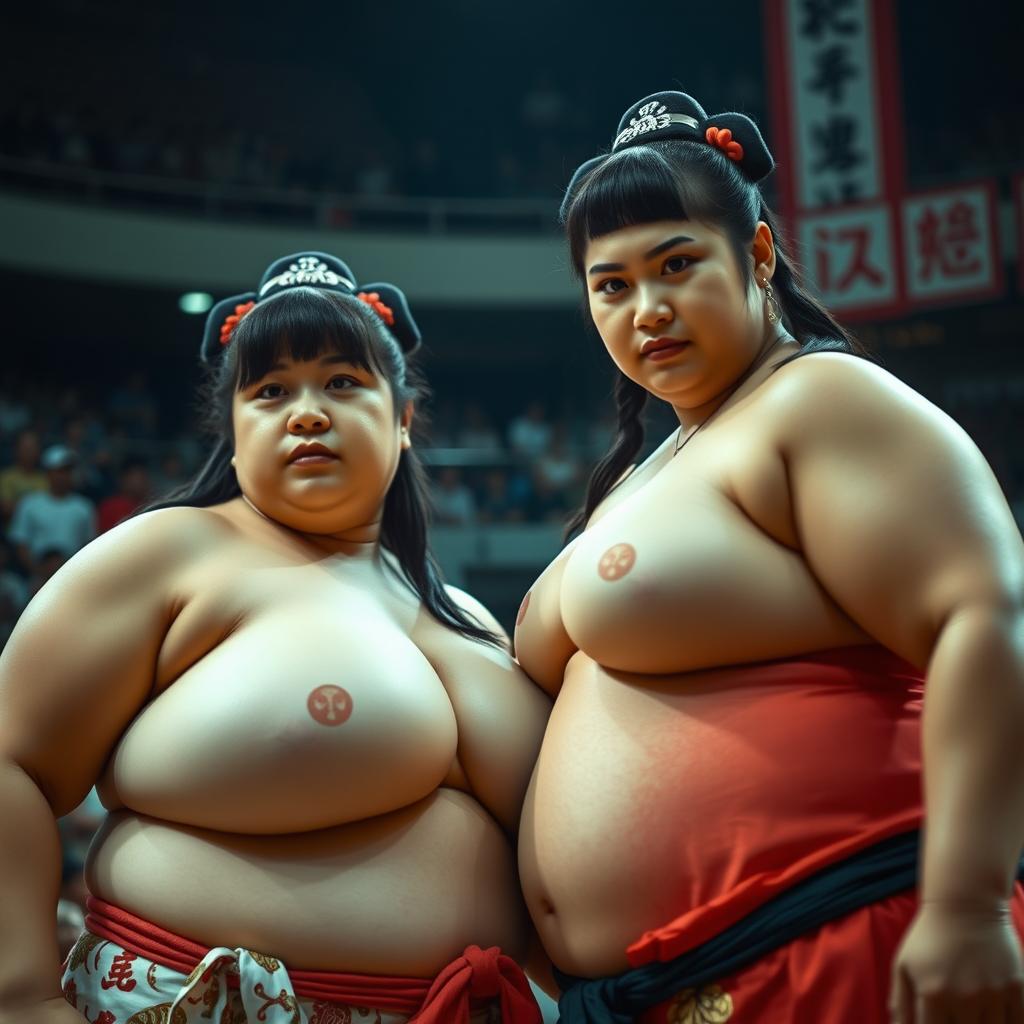 Portrait of two sumo girls with large build and powerful presence, wearing traditional sumo outfits in a sumo wrestling ring