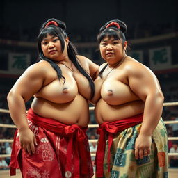 Portrait of two sumo girls with large build and powerful presence, wearing traditional sumo outfits in a sumo wrestling ring