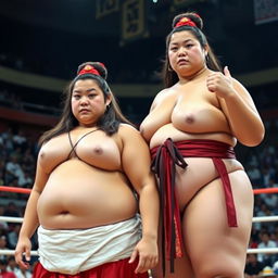 Portrait of two sumo girls with large build and powerful presence, wearing traditional sumo outfits in a sumo wrestling ring