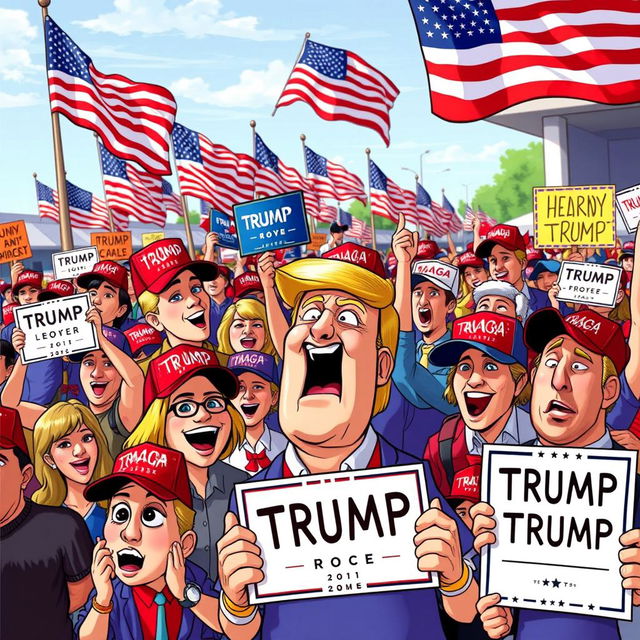 A lively and colorful scene depicting animated Trump/MAGA supporters during a rally