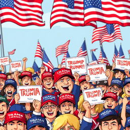 A lively and colorful scene depicting animated Trump/MAGA supporters during a rally