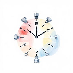 A minimalist watercolor illustration of a clock crafted from industrial supplies such as bolts, nuts, and washers, striking midnight