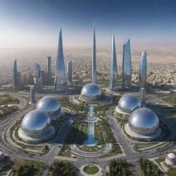 A futuristic representation of Iran in 30 years, showcasing technological advancements, flourishing landscapes and modern architecture