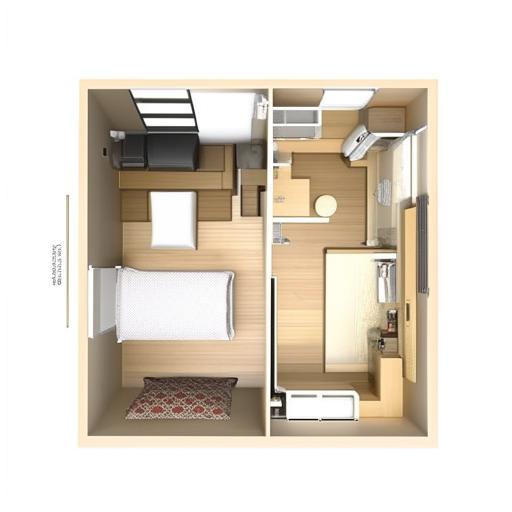 A 13ft x 8ft bedroom layout, thoughtfully arranged to optimize functionality and comfort, taking into consideration the limited space. It features a bed, wardrobe, and a small seating area.