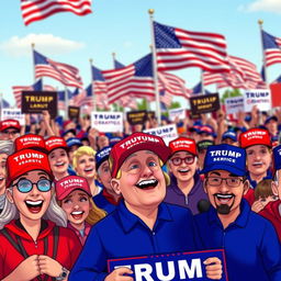 A lively and colorful scene depicting animated Trump/MAGA supporters during a rally