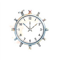 A minimalist watercolor illustration of a clock crafted from industrial supplies such as bolts, nuts, and washers, striking midnight