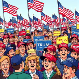 A lively and colorful scene depicting animated Trump/MAGA supporters during a rally