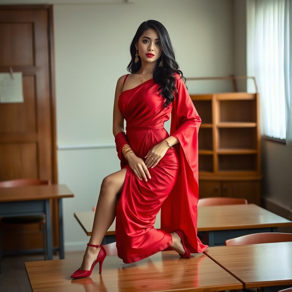 a curvaceous and alluring Thai woman elegantly dressed in a muga and red mekhela chadar, her ensemble featuring a sensuously open red blouse and stylish high heels