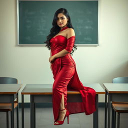 a curvaceous and alluring Thai woman elegantly dressed in a muga and red mekhela chadar, her ensemble featuring a sensuously open red blouse and stylish high heels