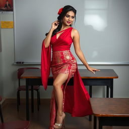 a curvaceous and alluring Thai woman elegantly dressed in a muga and red mekhela chadar, her ensemble featuring a sensuously open red blouse and stylish high heels