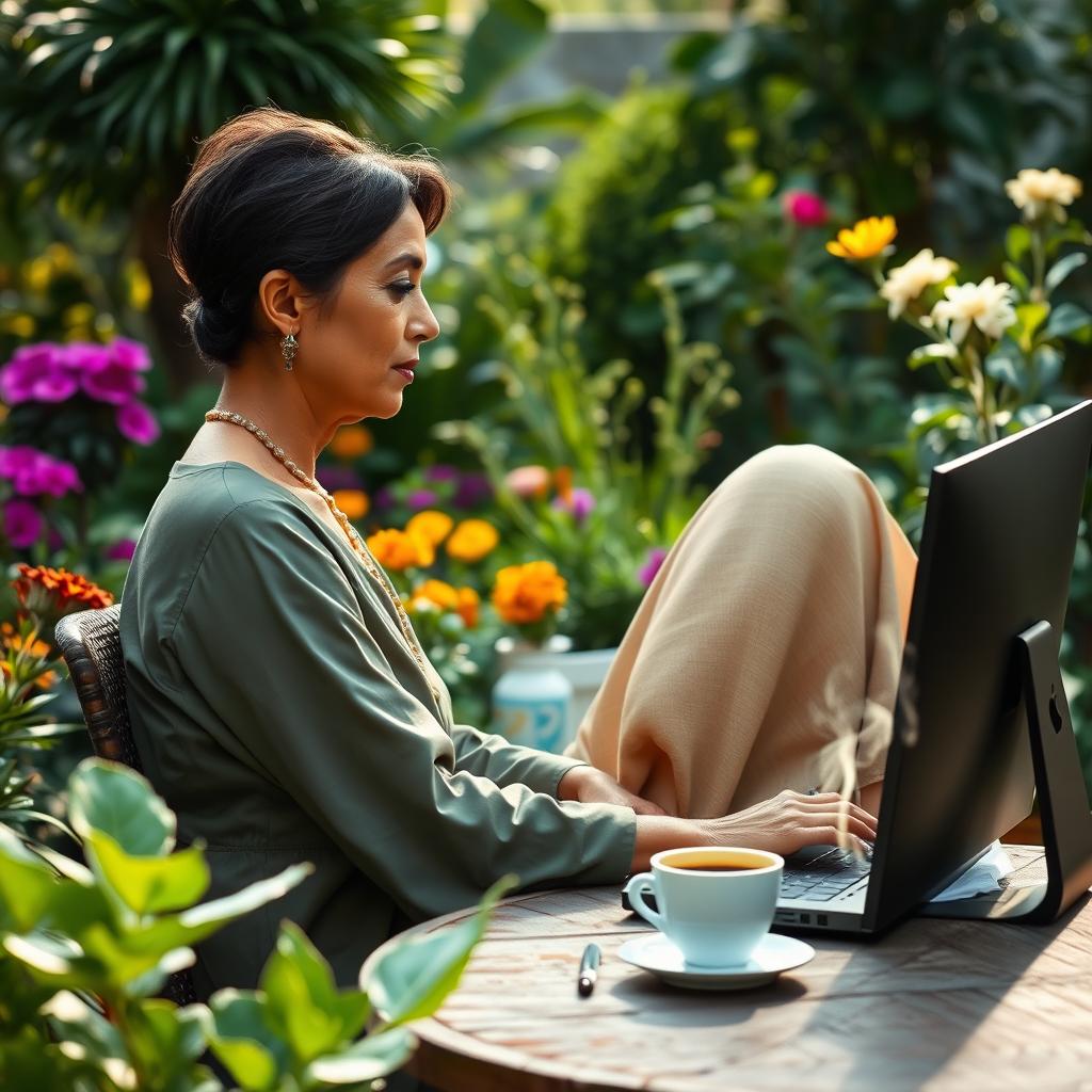 A side view of a sophisticated Egyptian woman in her late forties, seated in her lush garden, deeply focused on her work at a computer