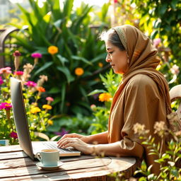 A side view of a sophisticated Egyptian woman in her late forties, seated in her lush garden, deeply focused on her work at a computer