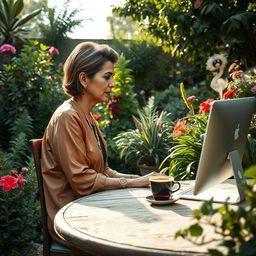 A side view of a sophisticated Egyptian woman in her late forties, seated in her lush garden, deeply focused on her work at a computer