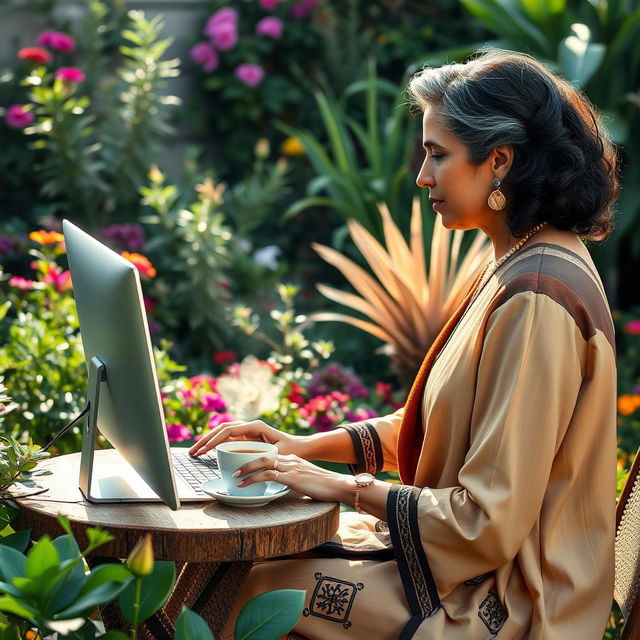 A side view of a sophisticated Egyptian woman in her late forties, seated in her lush garden, deeply focused on her work at a computer