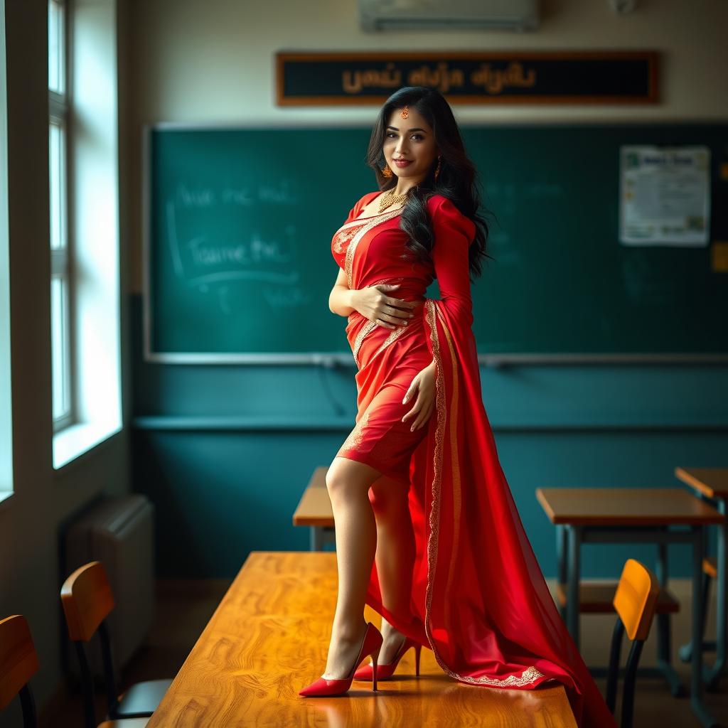 a curvaceous and enticing Thai woman, exquisitely adorned in a muga and red mekhela chadar, paired with a stylishly open red blouse and high heels