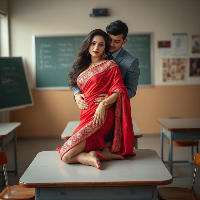 a curvaceous and enticing Thai woman, exquisitely adorned in a muga and red mekhela chadar, paired with a stylishly open red blouse and high heels