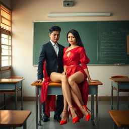 a curvaceous and enticing Thai woman, exquisitely adorned in a muga and red mekhela chadar, paired with a stylishly open red blouse and high heels