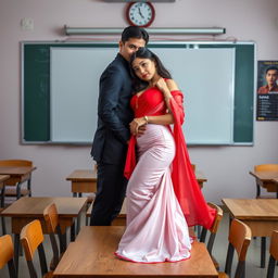 a curvaceous and enticing Thai woman, exquisitely adorned in a muga and red mekhela chadar, paired with a stylishly open red blouse and high heels