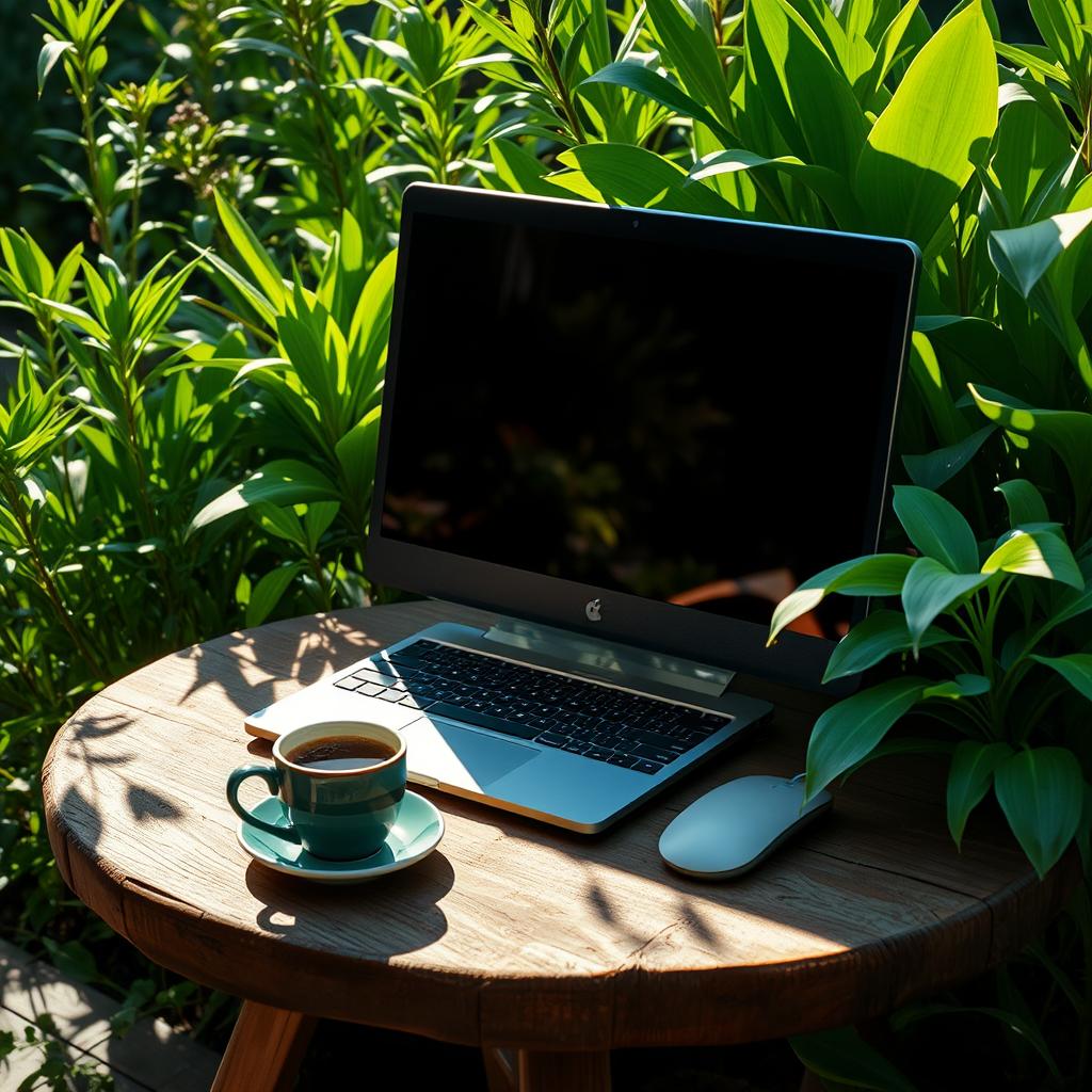 A computer placed on a rustic wooden garden table surrounded by vibrant green plants