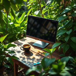 A computer placed on a rustic wooden garden table surrounded by vibrant green plants