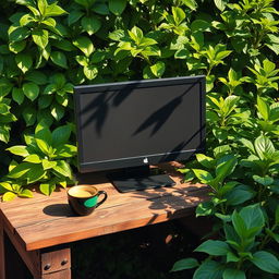 A computer placed on a rustic wooden garden table surrounded by vibrant green plants