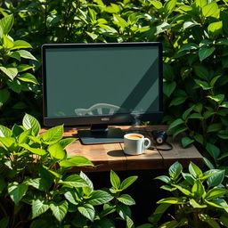 A computer placed on a rustic wooden garden table surrounded by vibrant green plants