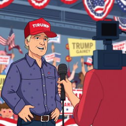 An animated scene depicting an on-camera interview with a Trump supporter at a political rally