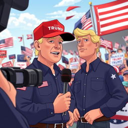 An animated scene depicting an on-camera interview with a Trump supporter at a political rally