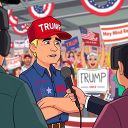 An animated scene depicting an on-camera interview with a Trump supporter at a political rally