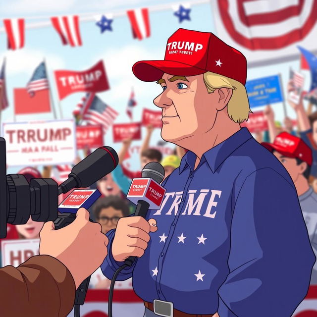 An animated scene depicting an on-camera interview with a Trump supporter at a political rally