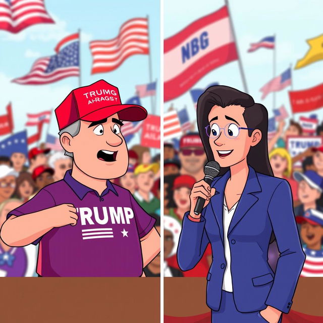 An animated scene with a split-screen format showing an interview with a Trump supporter