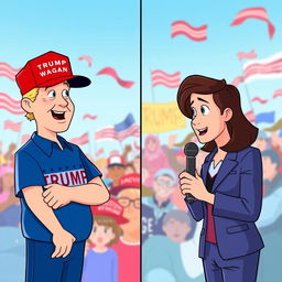 An animated scene with a split-screen format showing an interview with a Trump supporter