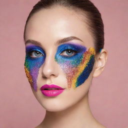 A vibrant mascara-themed mask featuring a spectrum of colors. Not resembling an eyeliner, the design emphasizes the unique structure of a mascara wand and tube