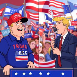 An animated scene with a split-screen format showing an interview with a Trump supporter