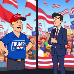 An animated scene with a split-screen format showing an interview with a Trump supporter