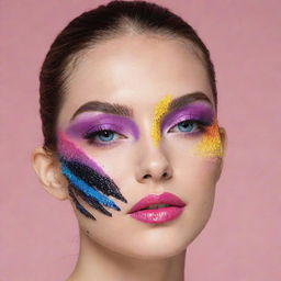 A vibrant mascara-themed mask featuring a spectrum of colors. Not resembling an eyeliner, the design emphasizes the unique structure of a mascara wand and tube