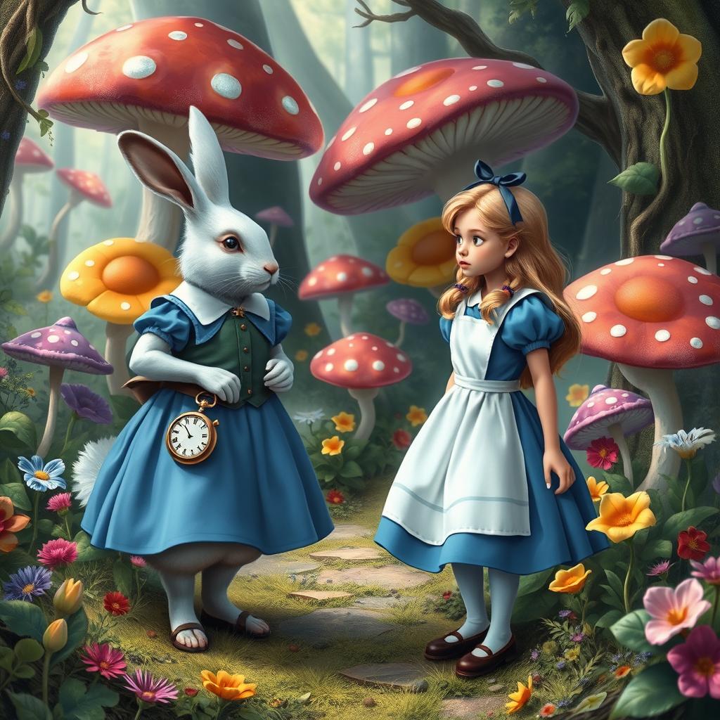 A realistic depiction of Alice in Wonderland meeting the rabbit, set in a fantastical forest filled with oversized colorful mushrooms and vibrant flowers