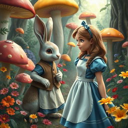 A realistic depiction of Alice in Wonderland meeting the rabbit, set in a fantastical forest filled with oversized colorful mushrooms and vibrant flowers