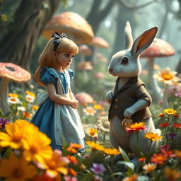 A realistic depiction of Alice in Wonderland meeting the rabbit, set in a fantastical forest filled with oversized colorful mushrooms and vibrant flowers