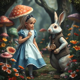 A realistic depiction of Alice in Wonderland meeting the rabbit, set in a fantastical forest filled with oversized colorful mushrooms and vibrant flowers